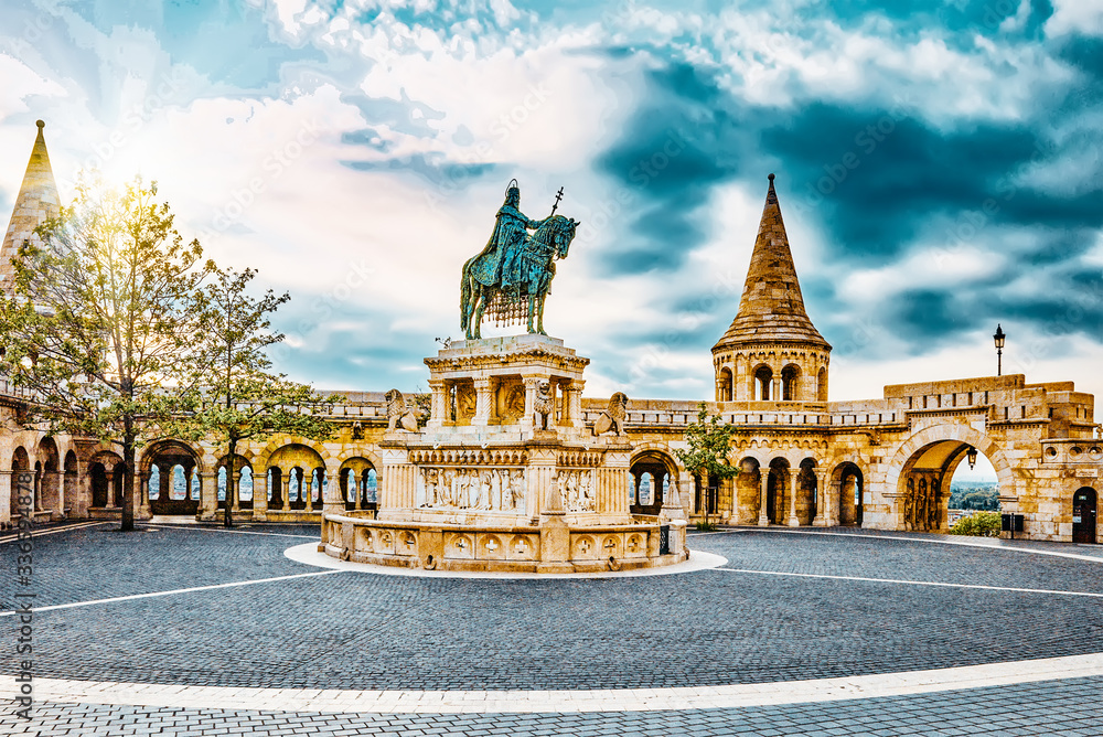 View on the Old Fisherman Bastion in Budapest. Statue Saint Istvan