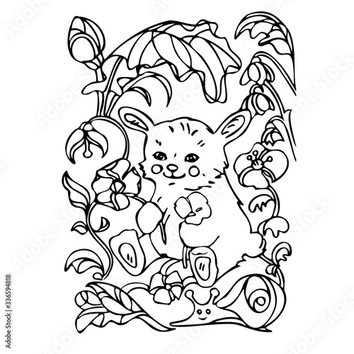 Wallpaper Mural Coloring page. Cute bunny and flowers. Vector illustration. Hand drawn. Torontodigital.ca