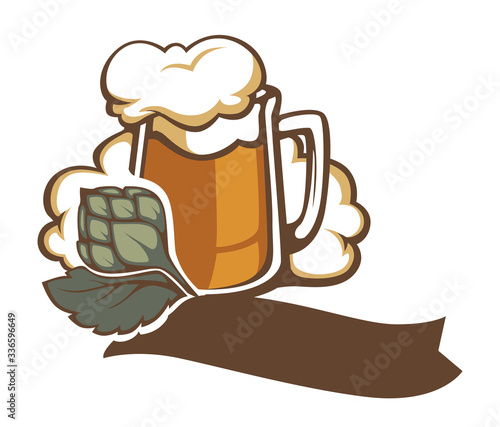 Beer brewery logotype, glass of drink with foam