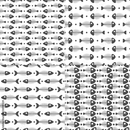 Set of seamless vector patterns with fish skeletons. Black and white vector backgrounds.