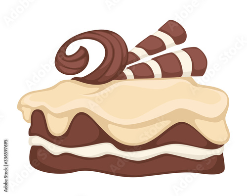 Tiramisu sliced cake with cream and cocoa vector