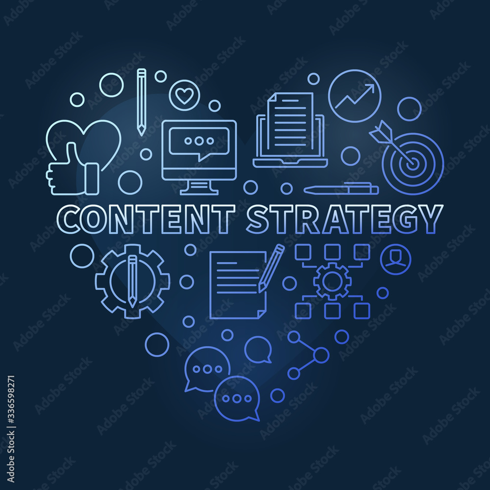 Content Strategy vector concept linear blue heart illustration on dark background Content Strategy vector concept linear blue heart illustration on dark background