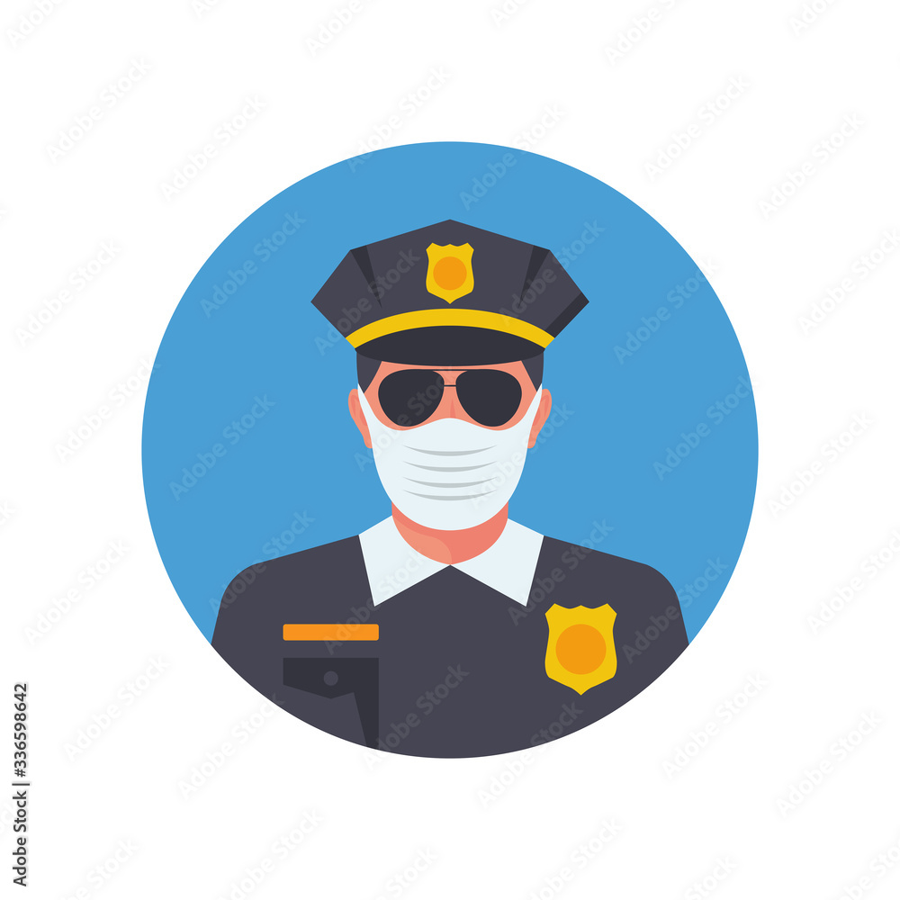 Police in medical mask. Officer avatar in facial mask. Vector illustration flat design. Officer observes the rules of prevention covid-19. Control coronavirus. Police in medical mask. Officer avatar in facial mask. Vector illustration flat design. Officer observes the rules of prevention covid-19. Control coronavirus.