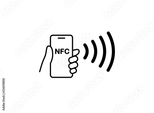 NFC technology vector icon. Hand handing Phone, Smartphone, wawe simple line outline sign. Near Field Communication