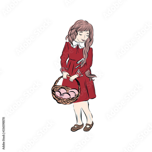 Vintage girl holding basket of eggs and Easter cake. Religious spring holiday. Hand drawn child in red dress. Clip art.  photo