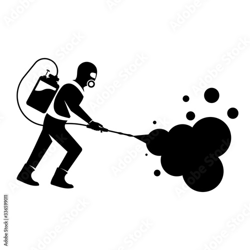 Black silhouette disinfection. Icon man in hazmat. Protective suit, gas mask for disinfection coronavirus. Toxic and chemicals protection. Spraying antibacterial. Biological precaution. Vector flat