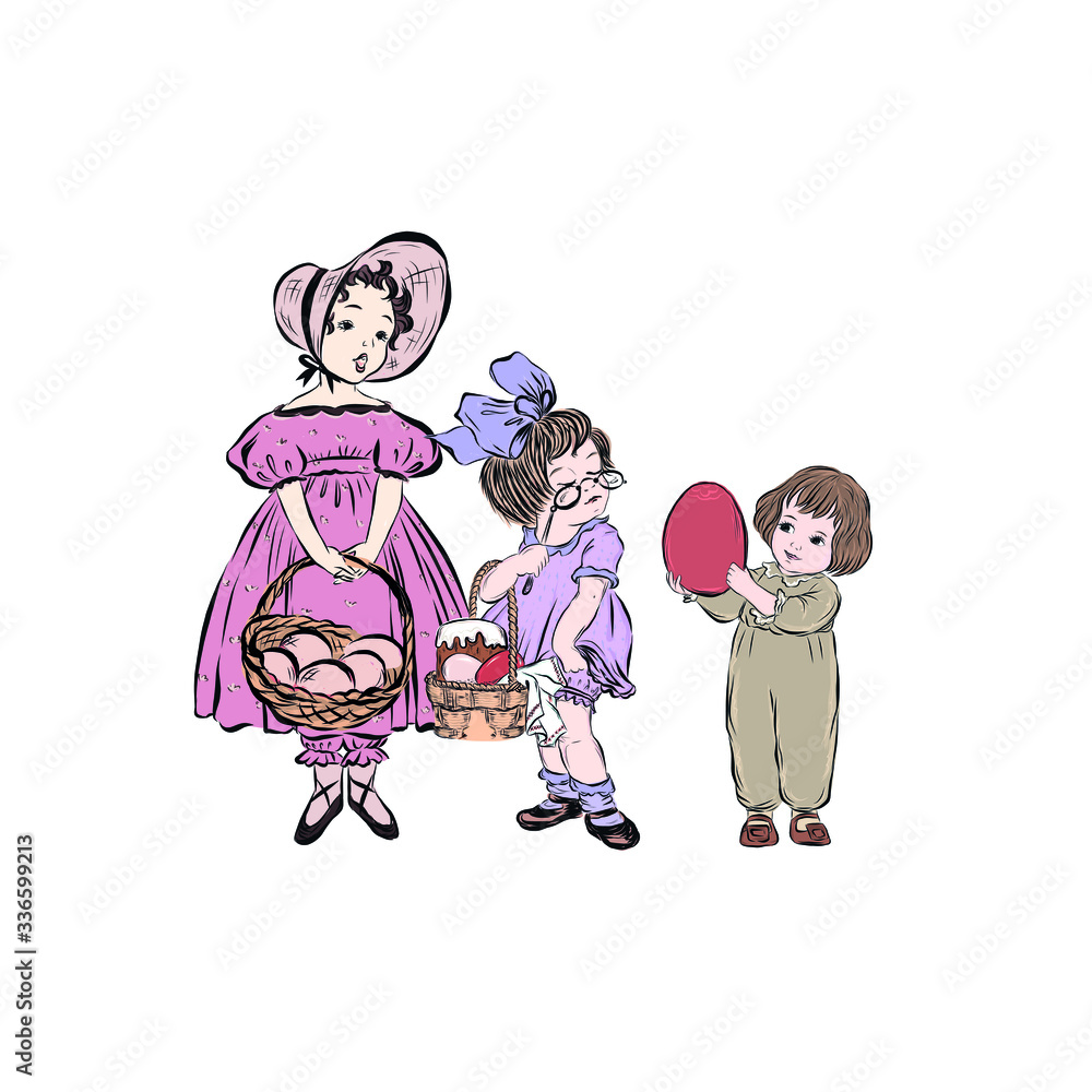 Happy Easter. Children holding a basket of Easter colored eggs. Vintage people for religious spring holiday. Catholic or Orthodox Easter. Resurrection of Christ. Hand drawn retro clip art. Happy Easter. Children holding a basket of Easter colored eggs. Vintage people for religious spring holiday. Catholic or Orthodox Easter. Resurrection of Christ. Hand drawn retro clip art.