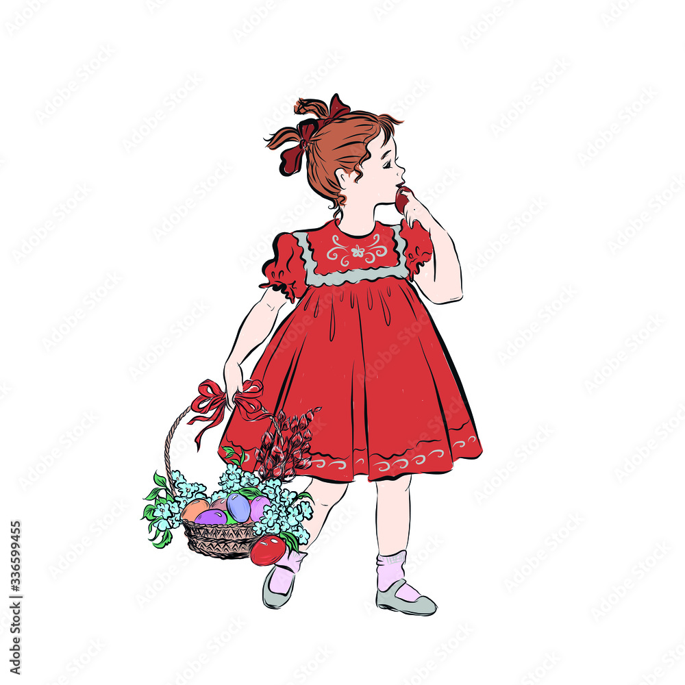 Girl holding a basket of easter eggs and flowers. Spring religious holiday. Vintage retro kid. Clip art. Hand drawn happy child in red dress. 