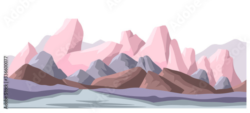 Landscape with mountains and rigid surface, panoramic scenery
