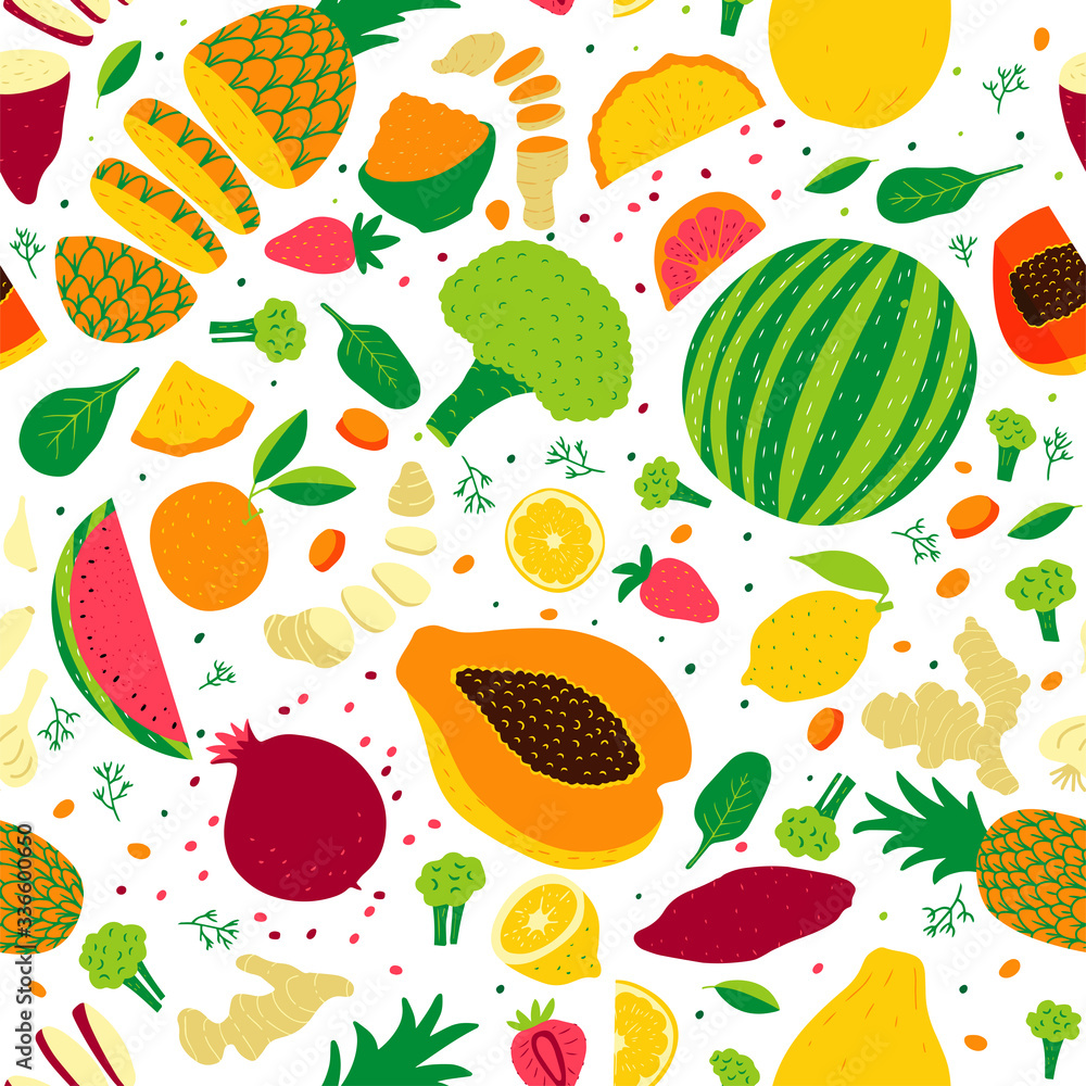 Vector seamless pattern of fruits and vegetables Vector seamless pattern of fruits and vegetables