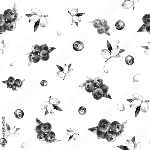 Watercolor hand drawn seamless pattern with monochrome berries of blueberry and buckthorn against white background. Food illustration, wrapping, book cover, textile template © Наталья Вопленко