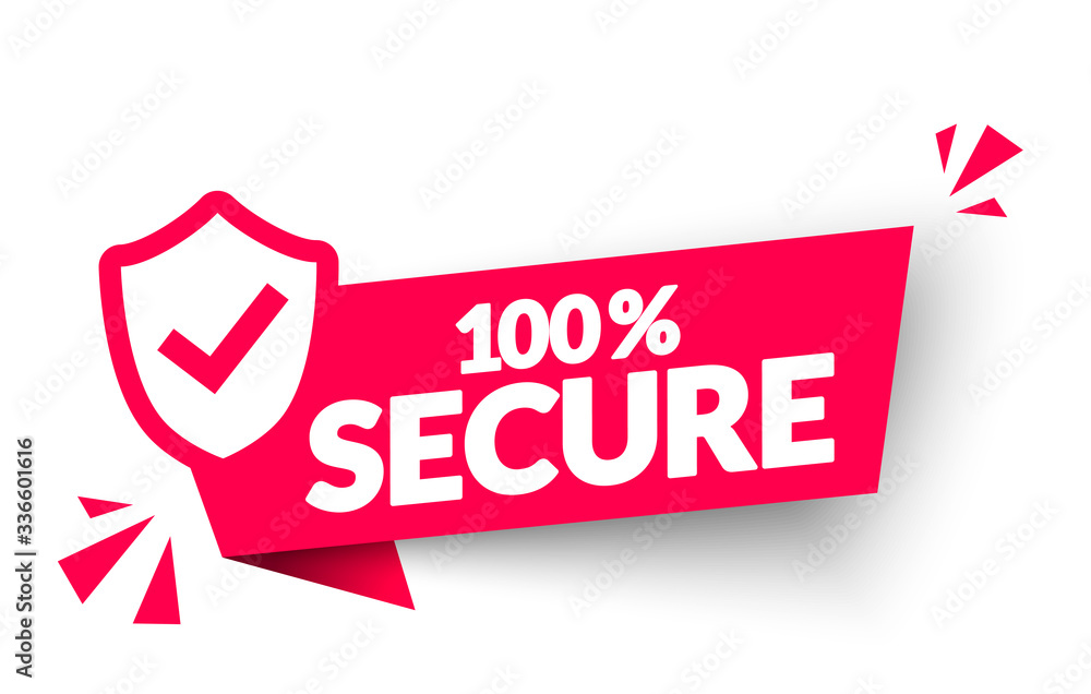 Vector Illustration 100 Percent Secure Label. Modern Web Banner Element With Shield Icon - obrazy, fototapety, plakaty 