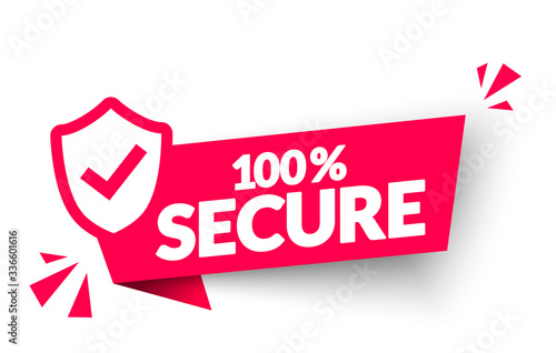 Vector Illustration 100 Percent Secure Label. Modern Web Banner Element With Shield Icon