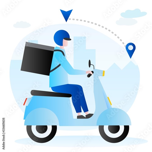 Food delivery service. Young male courier with a large backpack riding a motor bike with city background.