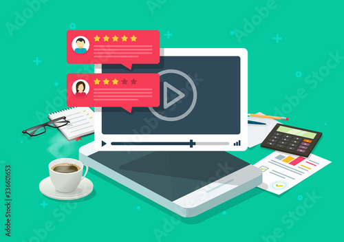 Video content review testimonials online on mobile phone workplace or feedback and reputation rate chat evaluation vector flat cartoon illustration, internet web video player with rating survey image