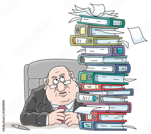 Angry fat clerk at his office desk with a big stack of folders with documents, vector cartoon illustration on a white background