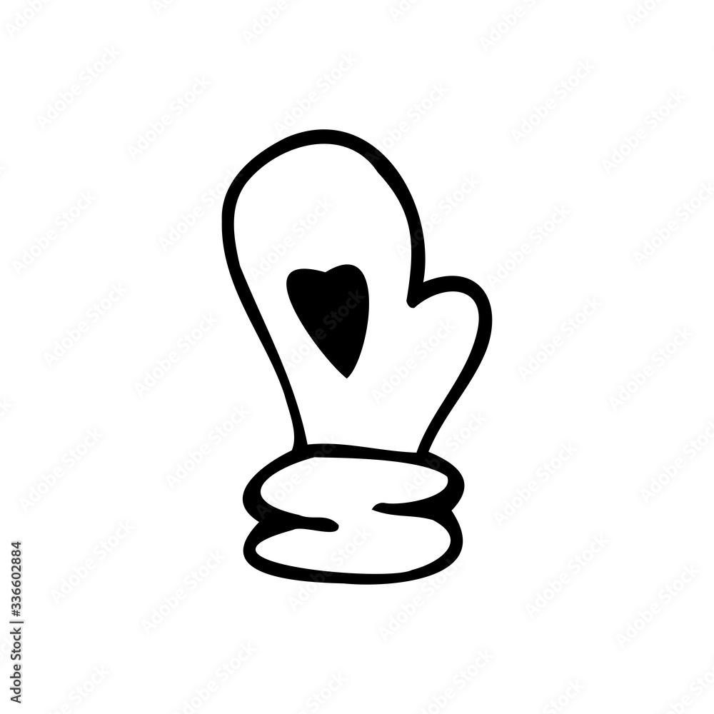 Hand drawn mitten is decorated with a heart isolated on a white background. Doodle, simple outline illustration. It can be used for decoration of textile, paper. Hand drawn mitten is decorated with a heart isolated on a white background. Doodle, simple outline illustration. It can be used for decoration of textile, paper.