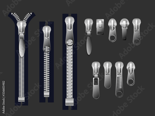 Zipper pulls. Metal zippers and fabric pull, cloth clasp and clothing zipper. Textile zip, fabrics zippers fastener or clothing plastic unzip. Isolated 3d realistic .