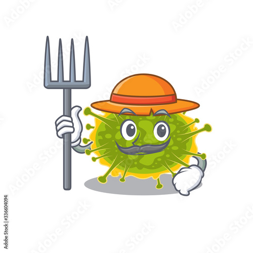 Cartoon character design of insthoviricetes as a Farmer with hat and pitchfork