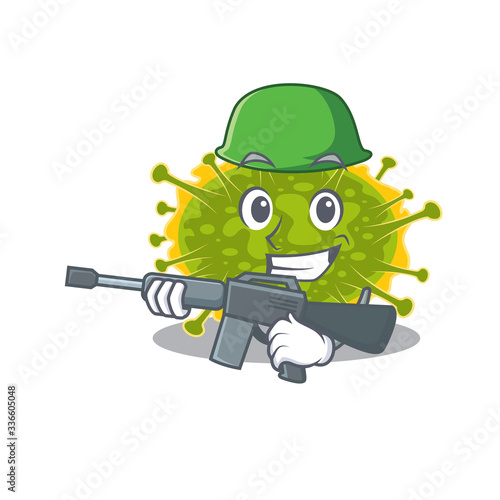 A cartoon picture of insthoviricetes in Army style with machine gun