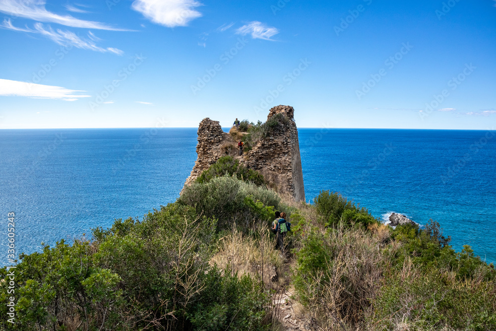 the path of lovers and Telegraph Tower. (telegraph tip) Punta del Telegrafo on the Tyrrhenian coast of Ascea Marina. Cilento, Salerno, Campania, Italy