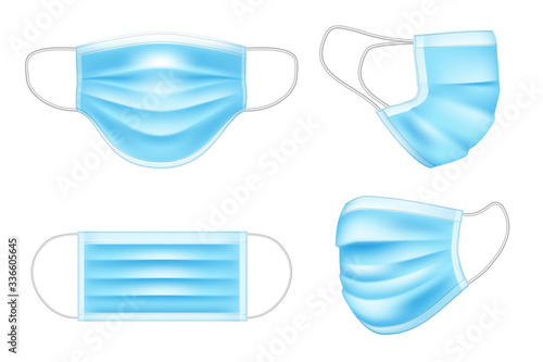 Blue medical mask for doctor and patient. Realistic 3d surgical face mask isolated on white. vector illustration