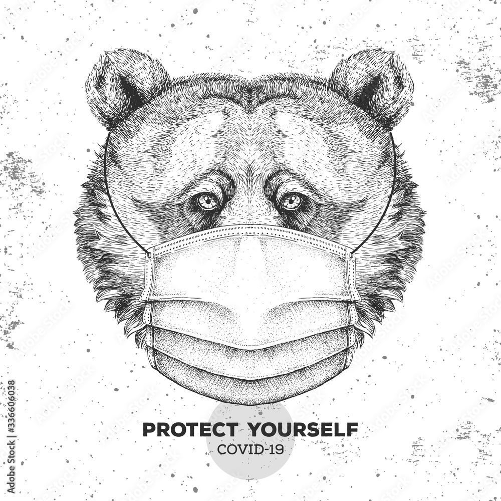 Εκτύπωση καμβά Hand drawing Animal bear wearing face medical mask