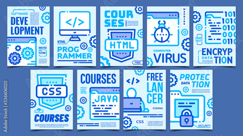 Program Coding Advertising Posters Set Vector. Html, Css And Java Courses, Freelancer Coding And Development Collection Of Different Promotional Banners. Concept Mockup Stylish Colorful Illustrations