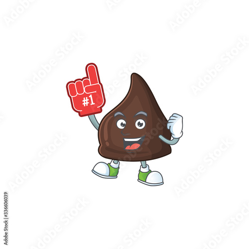 Cartoon character concept of chocolate conitos holding red foam finger
