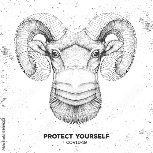 Hand drawing Animal ram or mouflon wearing face medical mask. Covid-19 protection methods. Coronavirus Quarantine Warning. Vector illustration