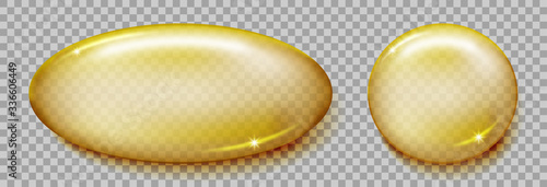 Fish oil capsule isolated on transparent background. Omega 3 or vitamin E golden softgel capsule mockup. Vector illustration