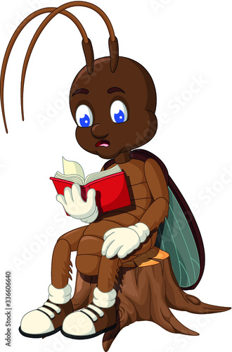 Brown Cockroach Sitting On Brown Wood Tree Chair Reading Red Book Cartoon