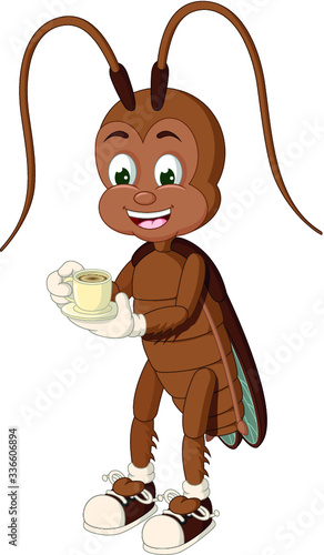 Brown Cockroach Hold A Cup of Coffee Cartoon