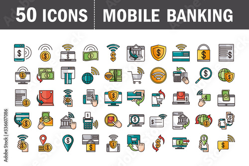 mobile banking shopping or payment market online, ecommerce icons set line and fill line and fill icon