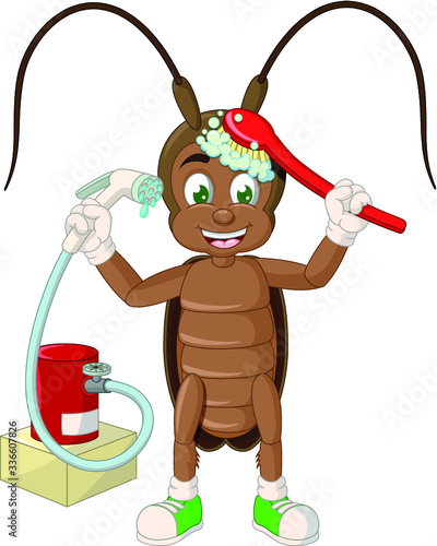 Brown Cockroach Washing Itself With Brush and Shower Cartoon