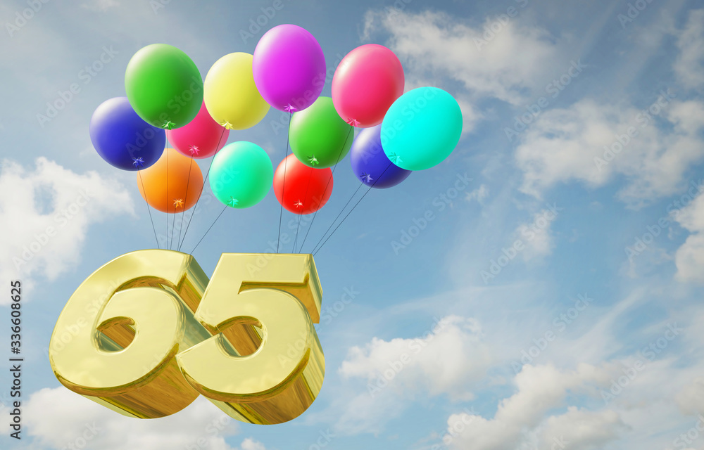 Golden number sixty five flies high in the sky in balloons. Happy birthday and anniversary Golden number sixty five flies high in the sky in balloons. Happy birthday and anniversary