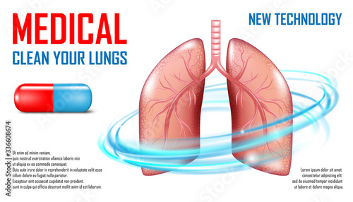 Lungs diagnosis banner. Medical care Concept. Respiratory system disease. Pills or capsule for pulmonary fibrosis, tuberculosis, pneumonia treatment. Vector