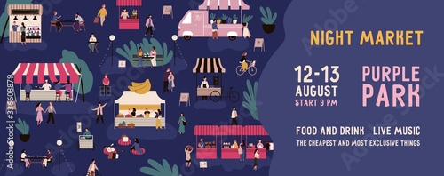 Colorful horizontal banner for night market with a place for text. Advertisment for nighttime fair. Crowd of people at urban festival or street marketplace. Vector illustration in flat cartoon style