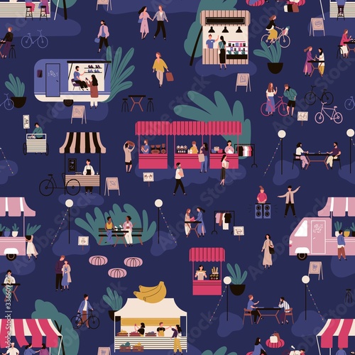 Many people at night market colorful seamless pattern. Urban festival, street marketplace. Background with croud of people walking and buying goods at fair. Vector illustration in flat cartoon style