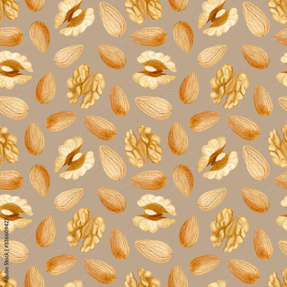 Seamless pattern of walnut and almond kernels on beige background. Hand-drawn elements. Wallpaper texture, fabric and textile design. Food packaging, wrapping paper. Raw mixed vegetarian ingredients Seamless pattern of walnut and almond kernels on beige background. Hand-drawn elements. Wallpaper texture, fabric and textile design. Food packaging, wrapping paper. Raw mixed vegetarian ingredients