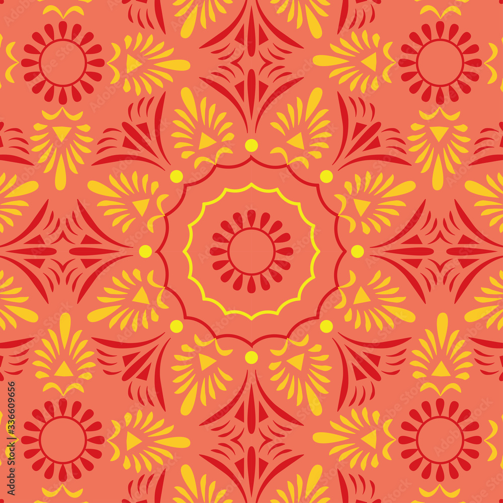 beautiful traditional seamless pattern in yellow and red texture. premium vector illustration. ethnic Indian, turkish and arabic motifs.