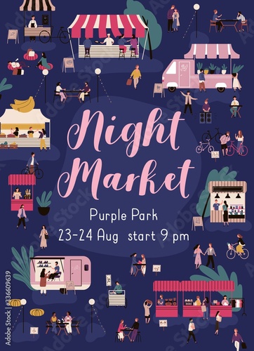 Colorful vertical poster for night market with a place for text. Many people walking and buying goods at nighttime fair. Urban street marketplace. Vector illustration in flat cartoon style