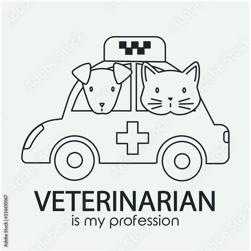 Vector linear icon dog and cat in veterinary taxi car and text veterinarian is my profession