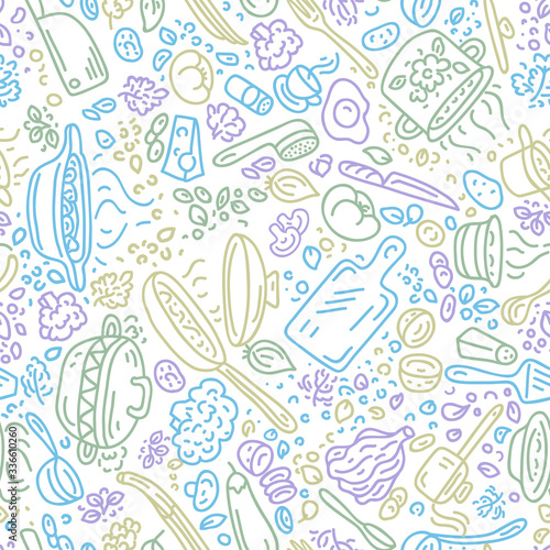 Food vector background. Cooking seamless vector pattern. Vegetables, pots, spoons, spices. © antalogiya