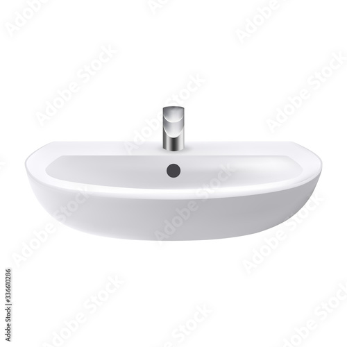 Restroom Sink For Washing Hands And Face Vector. Classic Bathroom Sink Ceramic Domestic Tool With Chrome Faucet. Interior Furniture Hygienic Equipment Mockup Realistic 3d Illustration