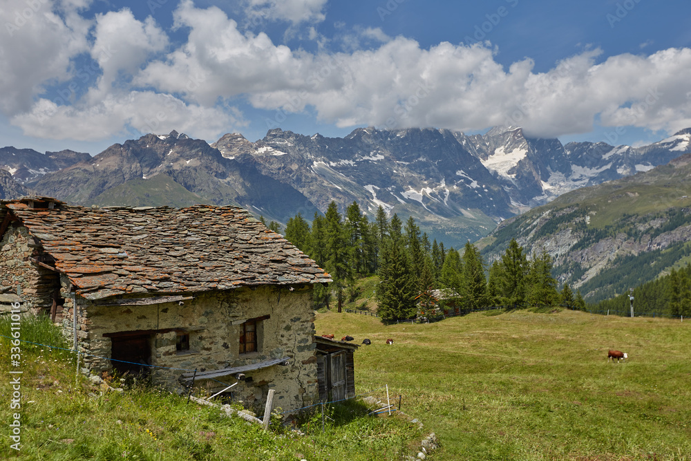 A breathtaking view of several small houses among a bright green meadow against the backdrop of huge mountains.