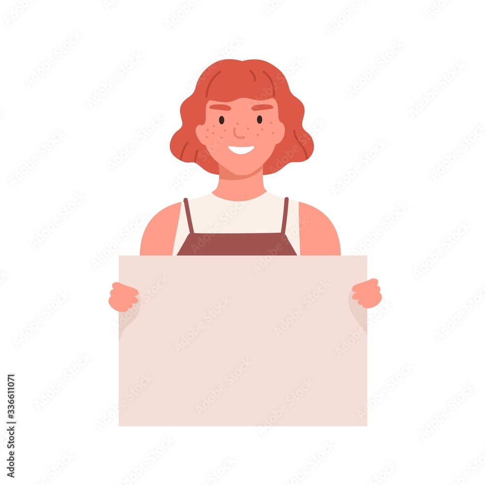 Happy girl carrying an empty placard isolated on white background. Cute teenager girl demonstrating an empty banner with a place for text. Vector illustration in flat cartoon style Happy girl carrying an empty placard isolated on white background. Cute teenager girl demonstrating an empty banner with a place for text. Vector illustration in flat cartoon style