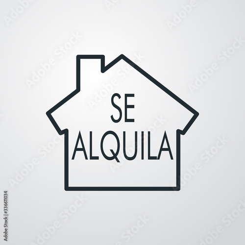 Icono plano lineal casa con texto SE ALQUILA en fondo gris
