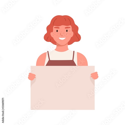 Happy girl carrying an empty placard isolated on white background. Cute teena...