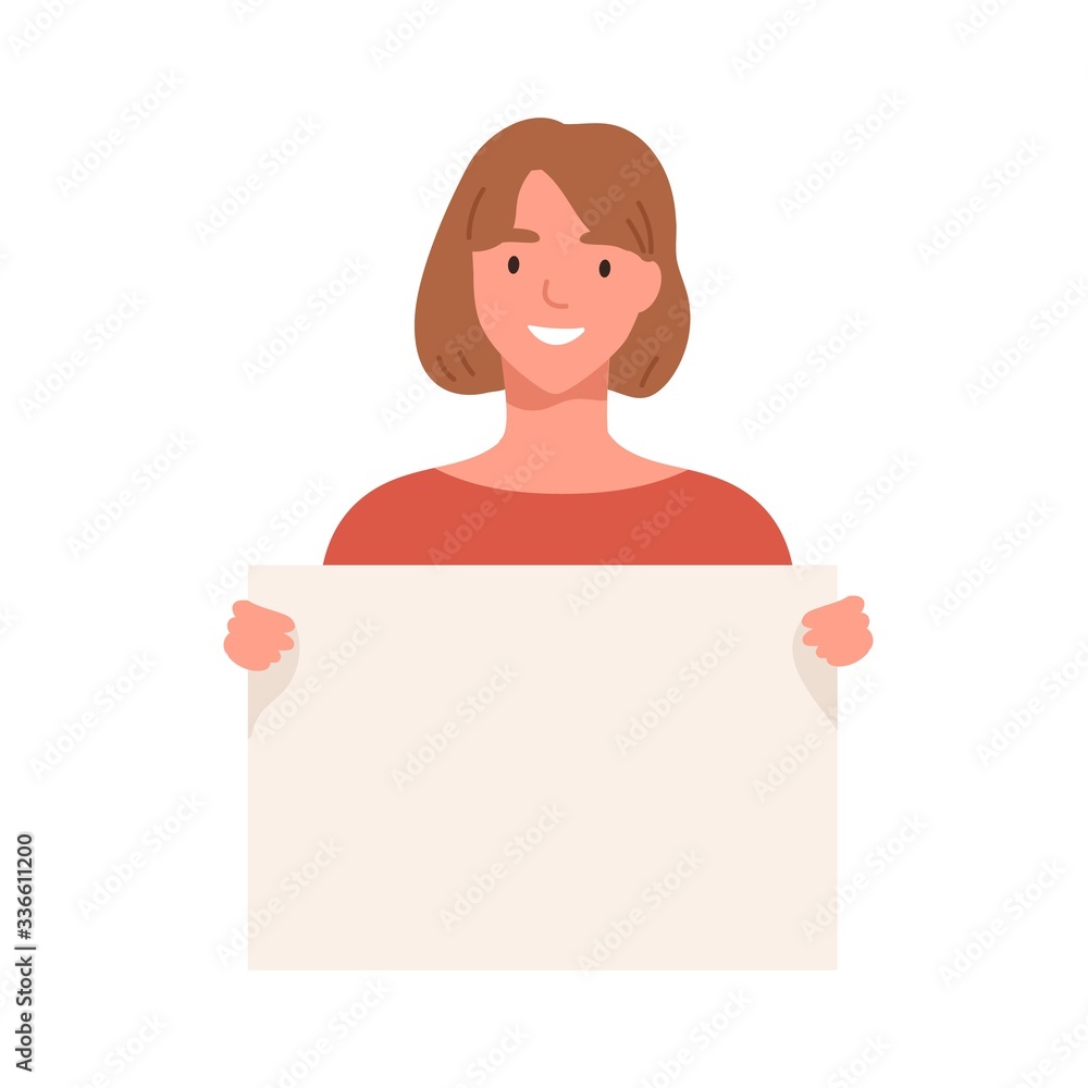 Young woman demonstrating empty placard isolated on white background. Smiling girl holding a blank banner with a place for text. Vector illustration in flat cartoon style Young woman demonstrating empty placard isolated on white background. Smiling girl holding a blank banner with a place for text. Vector illustration in flat cartoon style